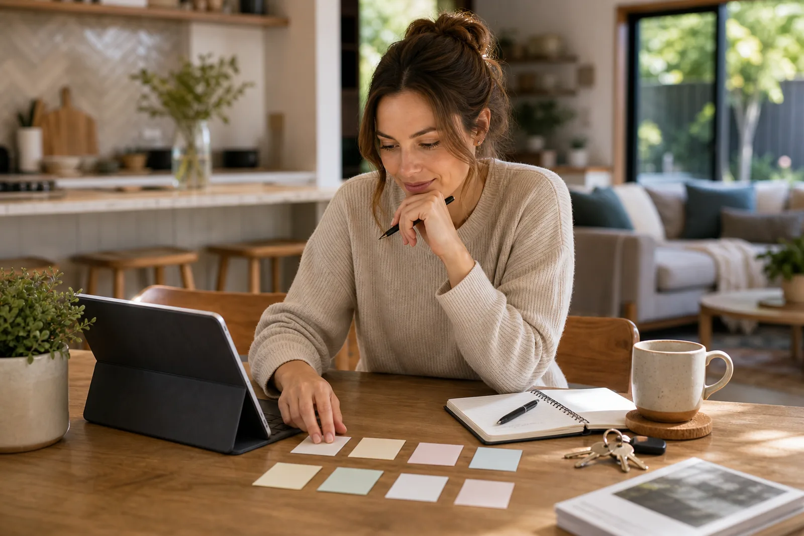Borrower choosing a home-loan guide path with laptop, notes, and keys on a table
