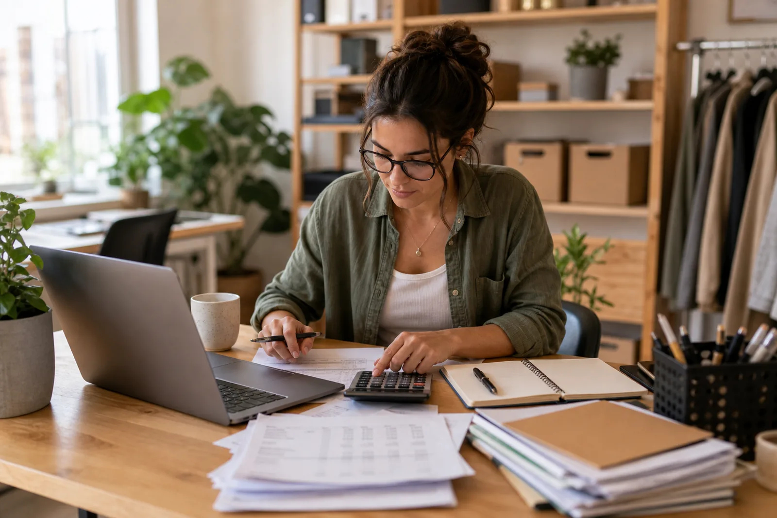 Organised business paperwork, laptop, and calculator in a self-employed home office